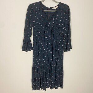 Loft Floral Midi Dress Ruffles Women Small Milkmaid Peasant Black Tiered